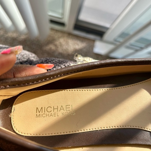 Michael Kors Brown Logo Leather-Trim Ballet Flats with Gold MK Emblem - Picture 3 of 6